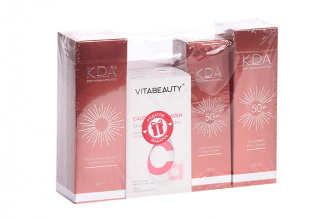 фото упаковки КДА Набор Солнцезащитный для лица и тела SPF 50+, набор, Спрей солнцезащитный для тела+Крем солнцезащитный для лица и кожи вокруг глаз+Гель после загара успокаивающий для лица и тела+БАД ВИТАБЬЮТИ, 1 шт. фото упаковки КДА Набор Солнцезащитный для лица и тела SPF 50+