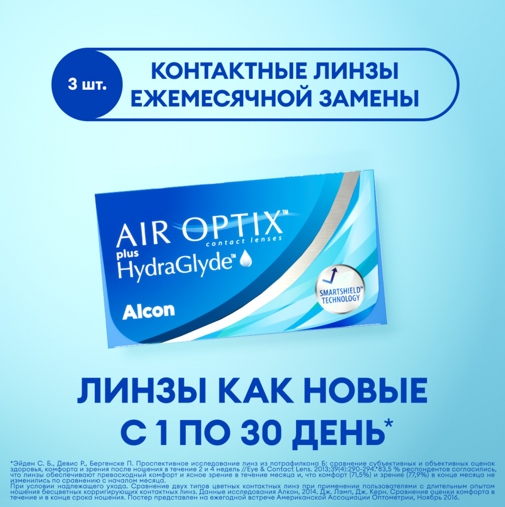 Alcon Air Optix Plus HydraGlyde Линзы контактные, BC=8,6 d=14,2, D(-7.00), 3 шт.