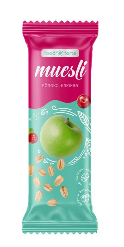 FoodForte Батончик мюсли, батончик, яблоко клюква, 25 г, 1 шт.