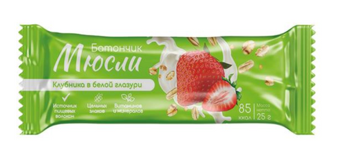 Батончик мюсли клубника в белой глазури, батончик, 25 г, 1 шт.