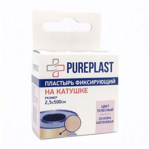 Pureplast Пластырь фиксирующий, 2.5х500 см, пластырь, на шелковой основе телесного цвета, 1 шт.