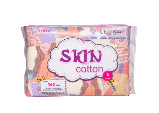 Skin Cotton Прокладки гигиенические ночные, длина 36 см, прокладки гигиенические, длительного действия, 6 шт.